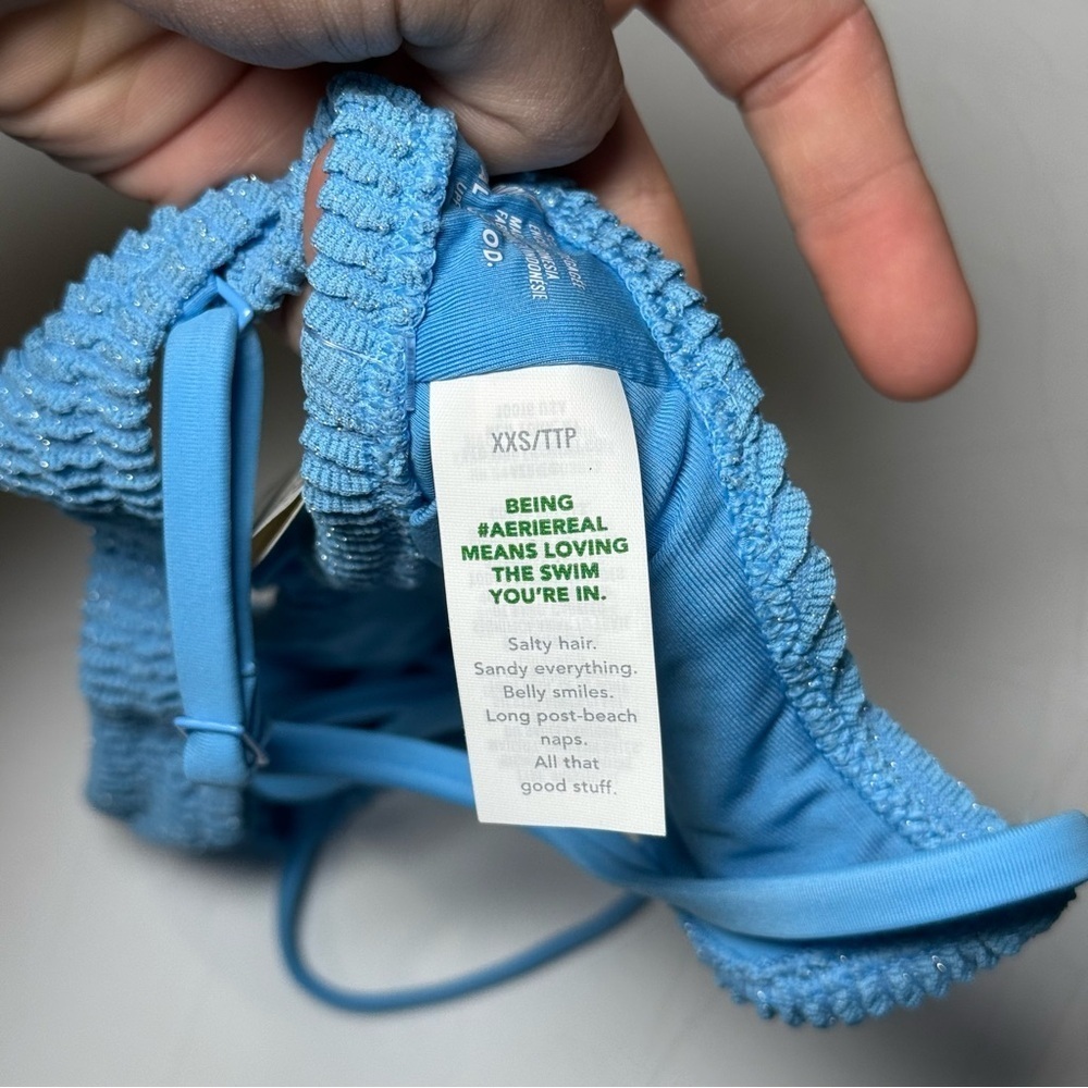 Aerie Shimmery Crinkle Lace Up Scoop Bikini Top XXS Blue NWT UPF 50 PROTECTION - Picture 9 of 10